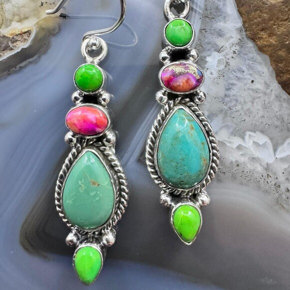 Sterling Silver Southwestern Style Multistone Dangle Earrings For Women #6 - Picture 6 of 10
